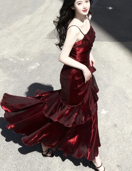 Vintage Mermaid Spaghetti Straps Burgundy Long Summer 18th Birthday Dress Lolita Dresses Birthday Outfits W1217