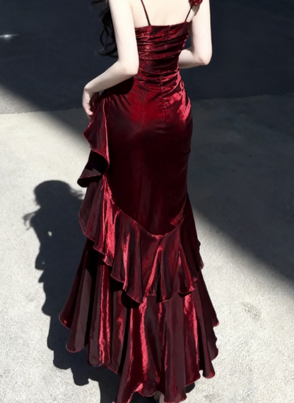 Vintage Mermaid Spaghetti Straps Burgundy Long Summer 18th Birthday Dress Lolita Dresses Birthday Outfits W1217