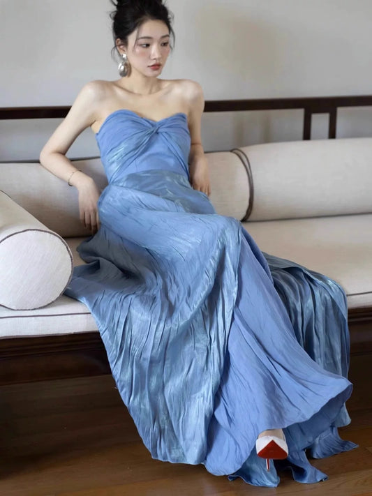 Modest A line Sweetheart Blue Long Prom Gown Summer Wedding Guest Dress Bridal Guest Dresses Wedding Outfits For Guest W0794