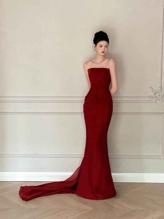 Modest Mermaid Burgundy Strapless Long Prom Gown Summer Wedding Guest Dress Bridal Guest Dresses Wedding Outfits For Guest W0795