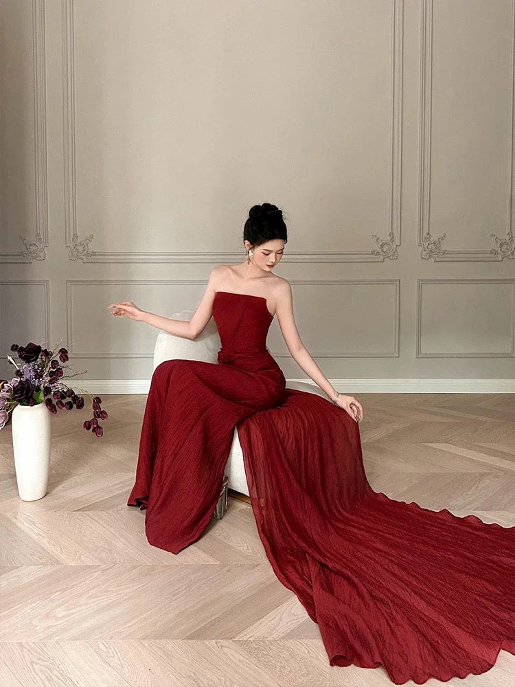 Modest Mermaid Burgundy Strapless Long Prom Gown Summer Wedding Guest Dress Bridal Guest Dresses Wedding Outfits For Guest W0795