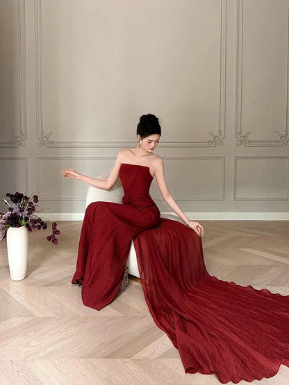 Modest Mermaid Burgundy Strapless Long Prom Gown Summer Wedding Guest Dress Bridal Guest Dresses Wedding Outfits For Guest W0795
