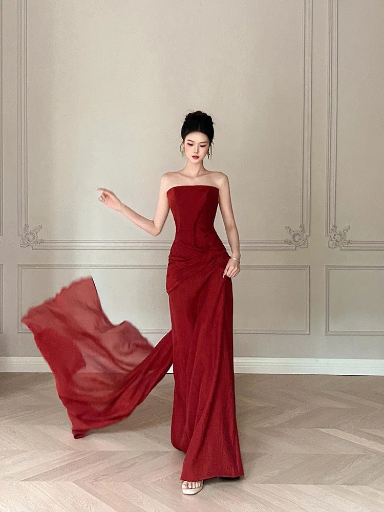 Modest Mermaid Burgundy Strapless Long Prom Gown Summer Wedding Guest Dress Bridal Guest Dresses Wedding Outfits For Guest W0795