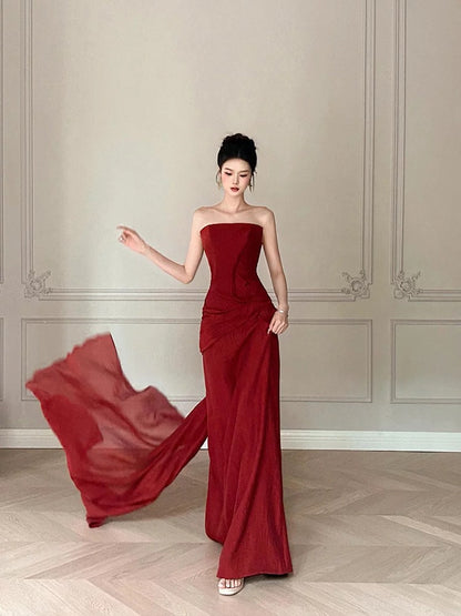 Modest Mermaid Burgundy Strapless Long Prom Gown Summer Wedding Guest Dress Bridal Guest Dresses Wedding Outfits For Guest W0795