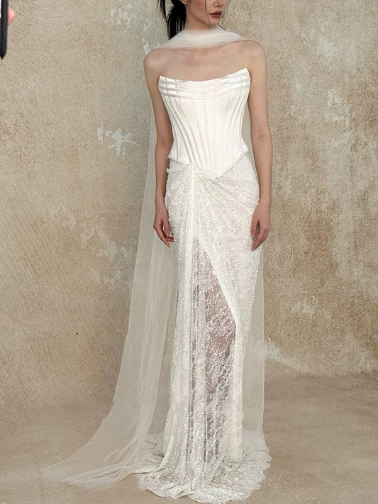 Pretty Wedding Dress Mermaid Strapless White Long Satin Wedding Dresses Bridal Gowns Brides Gown W802