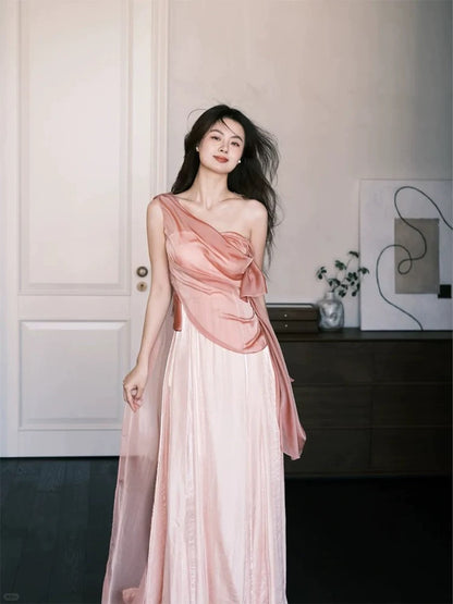Sexy A line One Shoulder Pink Satin Sleeveless Prom Dresses Party Dress Summer Birthday Outfits Birthday Dresses W805