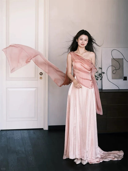 Sexy A line One Shoulder Pink Satin Sleeveless Prom Dresses Party Dress Summer Birthday Outfits Birthday Dresses W805
