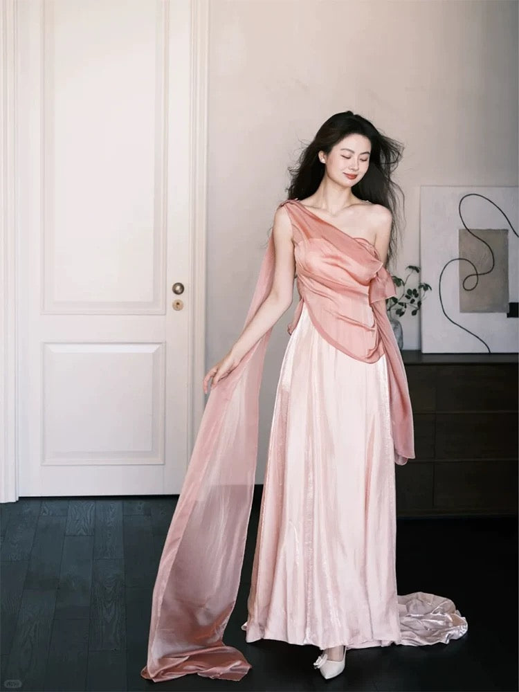 Sexy A line One Shoulder Pink Satin Sleeveless Prom Dresses Party Dress Summer Birthday Outfits Birthday Dresses W805