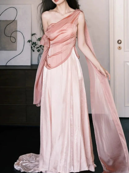 Sexy A line One Shoulder Pink Satin Sleeveless Prom Dresses Party Dress Summer Birthday Outfits Birthday Dresses W805