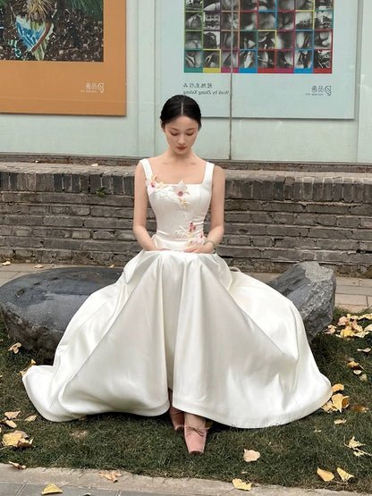 Sexy A line Square White Sleeveless Prom Dresses Party Dress Summer Birthday Outfits Birthday Dresses W806