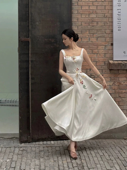 Sexy A line Square White Sleeveless Prom Dresses Party Dress Summer Birthday Outfits Birthday Dresses W806