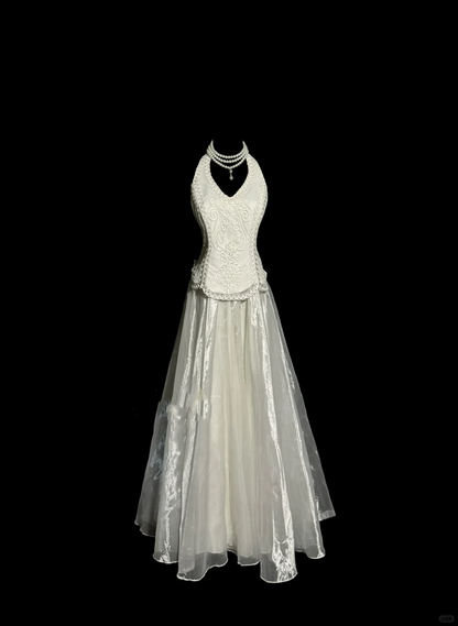 Vintage Bridal Gown 1960s Ball Gown Halter White Sleeveless Lace Long Wedding Dresses Elegant Bridal Gowns W840