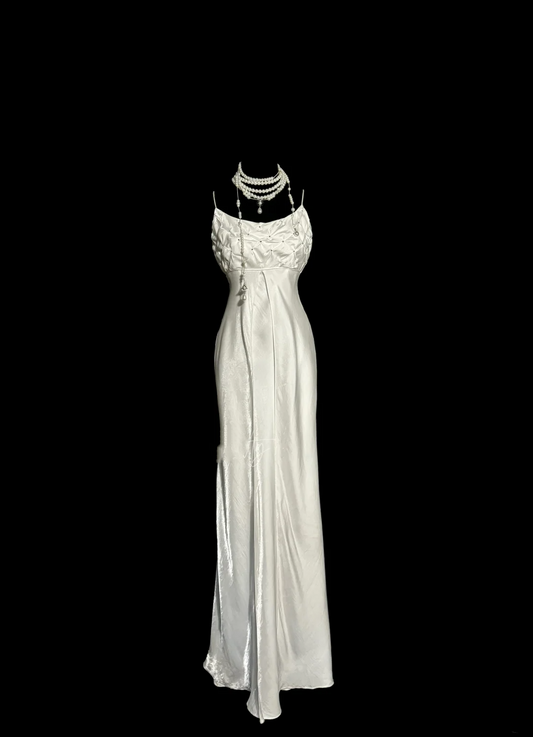 Vintage Mermaid Spaghetti Straps White Satin Long Prom Dresses Party Dress Birthday Outfits Graduation Dresses W843