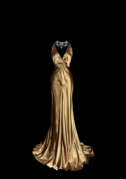 Vintage Mermaid V Neck Gold 1950s Retro Classy Satin Long Prom Dresses Party Dress 21st Birthday Outfits Graduation Dresses W857
