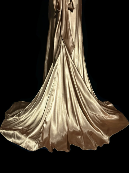 Vintage Mermaid V Neck Gold 1950s Retro Classy Satin Long Prom Dresses Party Dress 21st Birthday Outfits Graduation Dresses W857