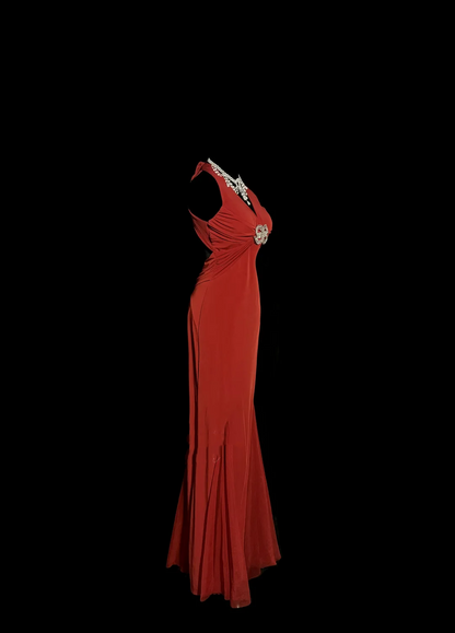 Vintage Mermaid V Neck Red 1950s Retro Classy Chiffon Long Prom Dresses Party Dress 21st Birthday Outfits Graduation Dresses W858