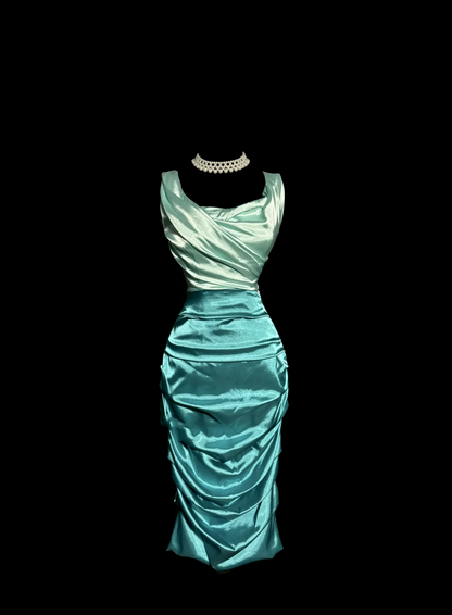 Vintage Sheath Square Neck Sleeveless Blue Satin Petite Mother Of Bride Dress Party Gown Knee Length For Summer Women Wedding W861