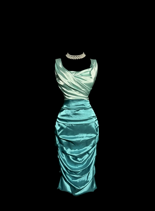 Vintage Sheath Square Neck Sleeveless Blue Satin Petite Mother Of Bride Dress Party Gown Knee Length For Summer Women Wedding W861