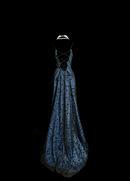 Robe de bal vintage trapèze à bretelles spaghetti, style rétro années 1950, en dentelle bleu marine, tenue de soirée pour 21e anniversaire, robe de remise de diplôme, W862