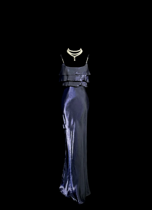 Vintage Mermaid Spaghetti Straps Navy Blue 1950s Retro Classy Satin Long Prom Dresses Party Dress 21st Birthday Outfits Graduation Dresses W869