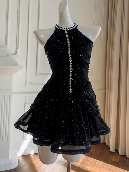 Pretty Sheath High Neck Black Summer 16th Birthday Dresses For Teens Hoco Dress Mini 18th Birthday Outfit Cocktail Dresses For Women W882