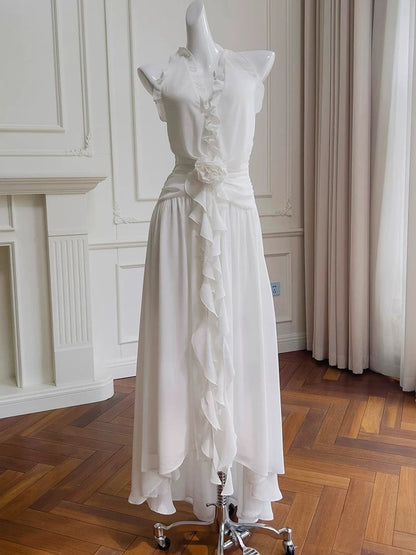 Robe de soirée longue en mousseline de soie, élégante, col licou, blanche, sans manches, robe de bal, W885