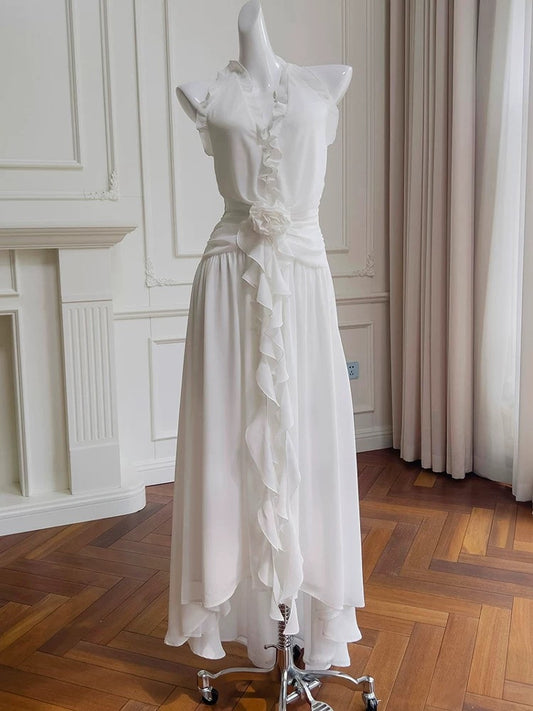 Elegant A line Halter White Sleeveless Chiffon Long Evening Party Gowns Evening Formal Dresses Prom Dress W885