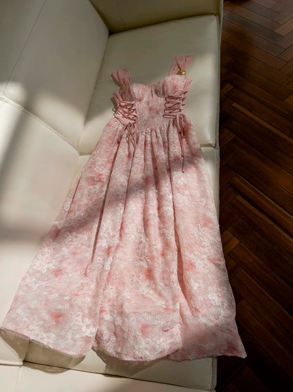Robe de soirée élégante en mousseline de soie, coupe trapèze, en dentelle rose, sans manches, longue, robe de bal, W886