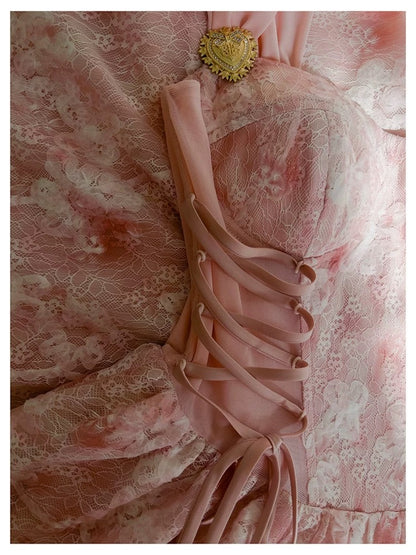 Robe de soirée élégante en mousseline de soie, coupe trapèze, en dentelle rose, sans manches, longue, robe de bal, W886