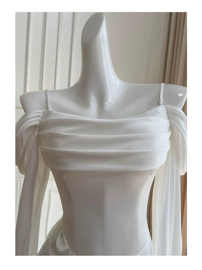 Elegant A line Spaghetti Straps Sleeveless White Chiffon Long Evening Party Gowns Evening Formal Dresses Prom Dress W887