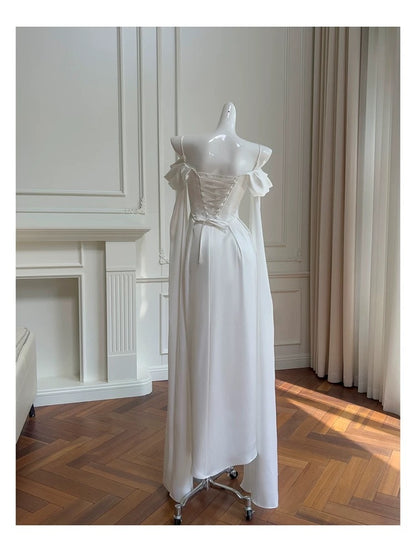 Elegant A line Spaghetti Straps Sleeveless White Chiffon Long Evening Party Gowns Evening Formal Dresses Prom Dress W887