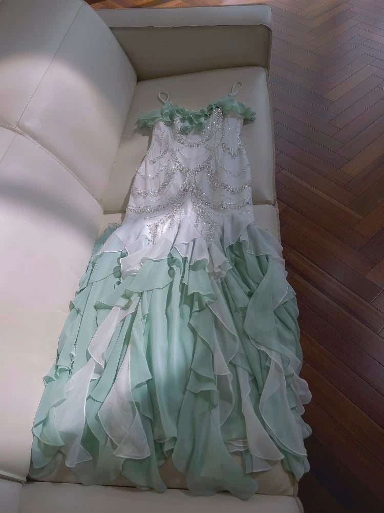 Elegant Mermaid Spaghetti Straps Sleeveless Chiffon Long Evening Party Gowns Evening Formal Dresses Prom Dress W893