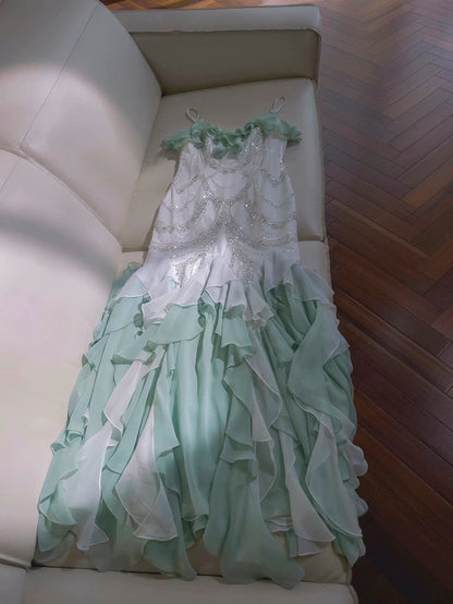 Elegant Mermaid Spaghetti Straps Sleeveless Chiffon Long Evening Party Gowns Evening Formal Dresses Prom Dress W893