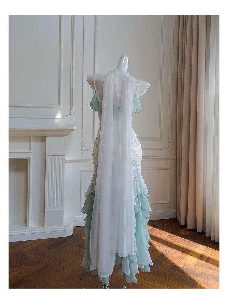 Elegant Mermaid Spaghetti Straps Sleeveless Chiffon Long Evening Party Gowns Evening Formal Dresses Prom Dress W893