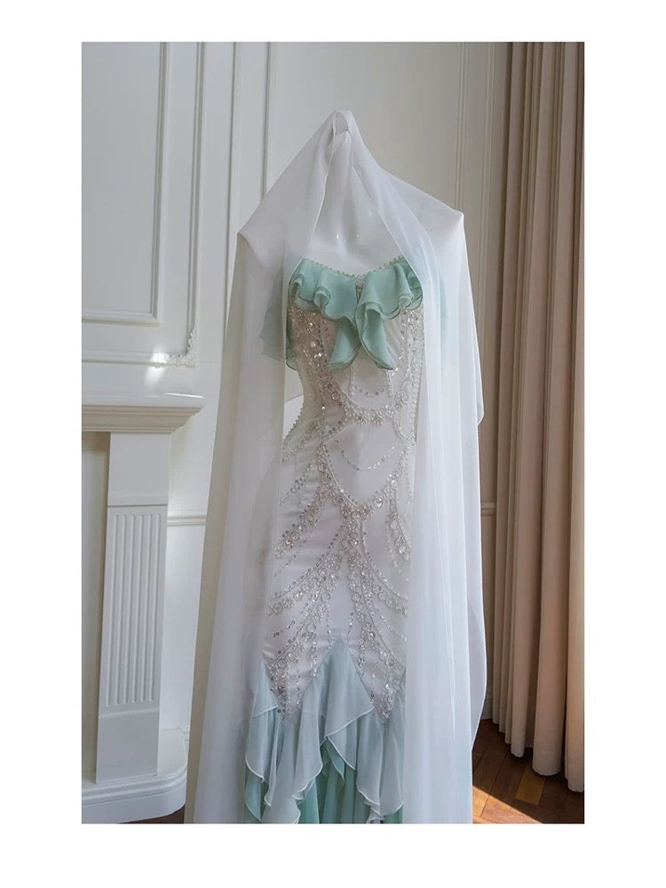 Elegant Mermaid Spaghetti Straps Sleeveless Chiffon Long Evening Party Gowns Evening Formal Dresses Prom Dress W893