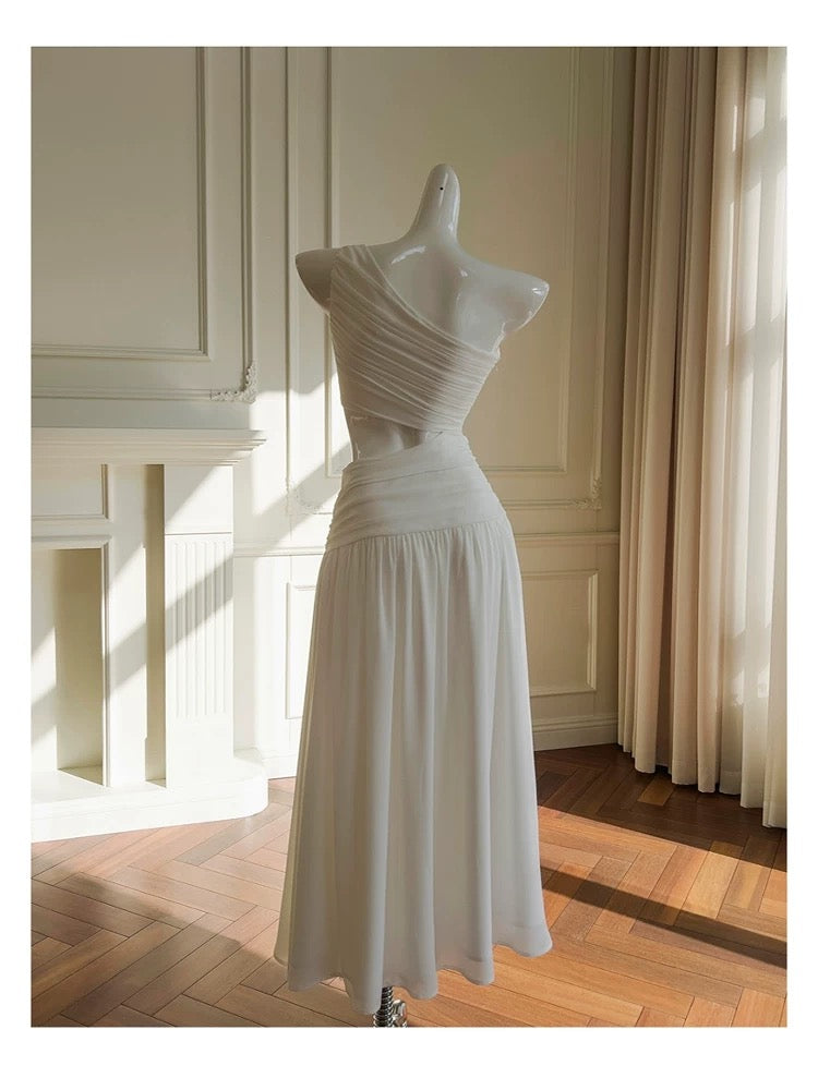 Elegant A line One Shoulder Sleeveless White Long Evening Party Gowns Evening Formal Dresses Prom Dress W897