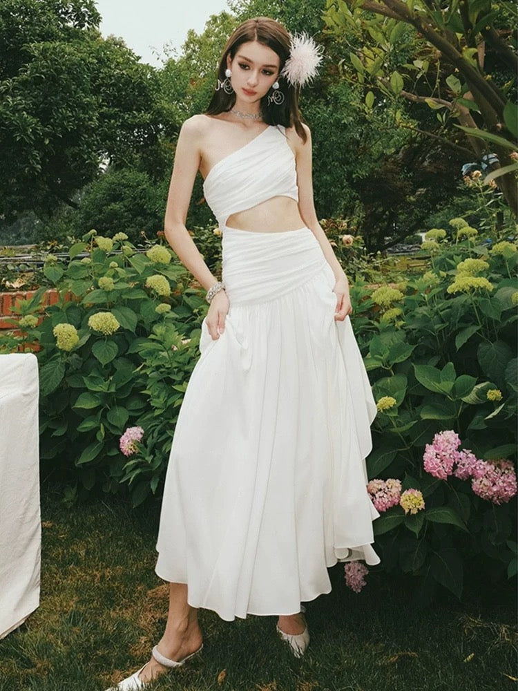 Elegant A line One Shoulder Sleeveless White Long Evening Party Gowns Evening Formal Dresses Prom Dress W897