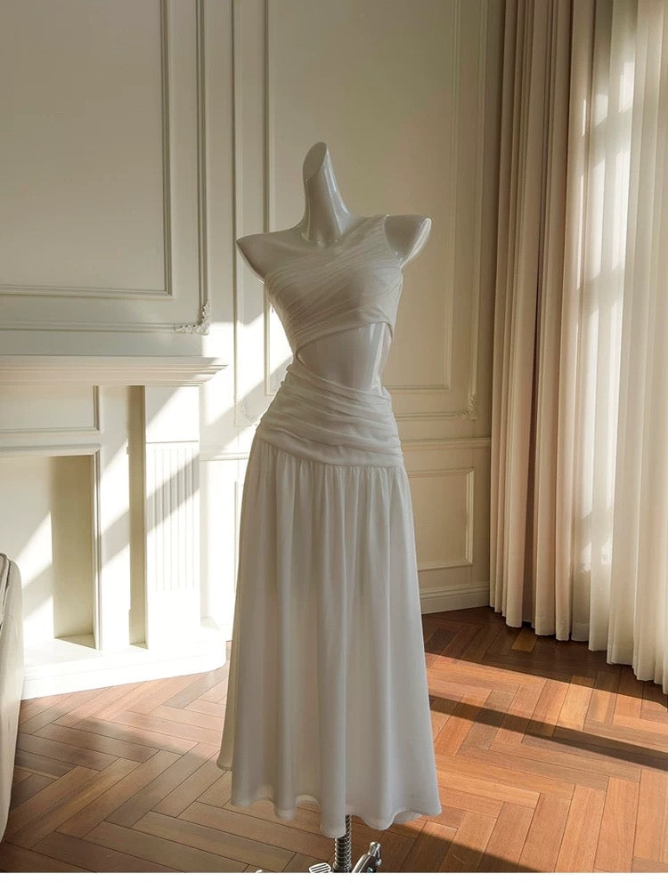 Elegant A line One Shoulder Sleeveless White Long Evening Party Gowns Evening Formal Dresses Prom Dress W897
