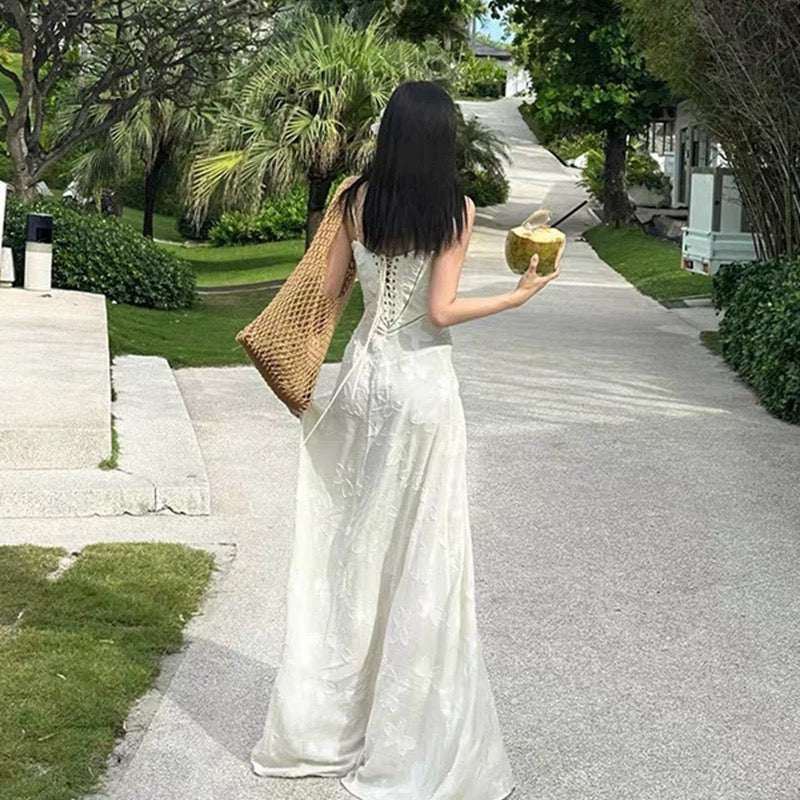 Elegant A Line Spaghetti Straps Sleeveless Lace White Long Evening Party Gowns Evening Formal Dresses Prom Dress W902