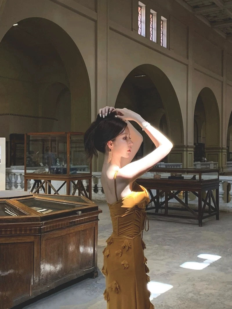Elegant Mermaid Spaghetti Straps Sleeveless Long Evening Party Gowns Evening Formal Dresses Yellow Prom Dress W904