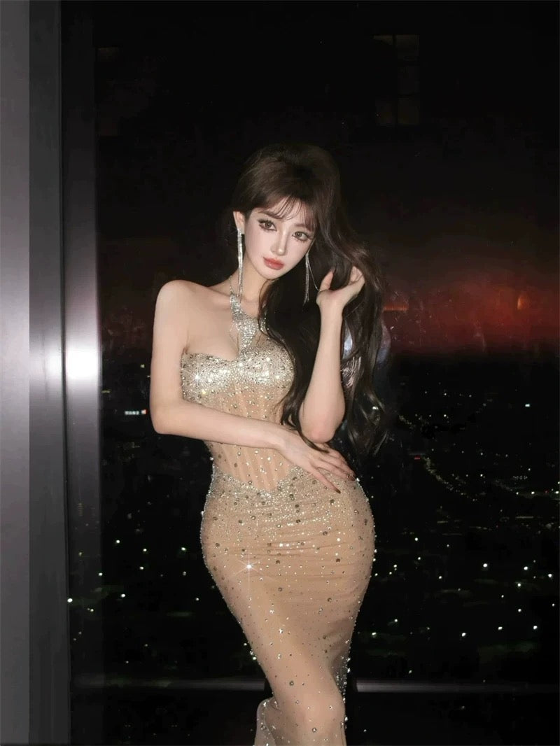 Robe de soirée longue élégante style sirène, décolleté en cœur, couleur champagne, sans manches, robe de bal W905
