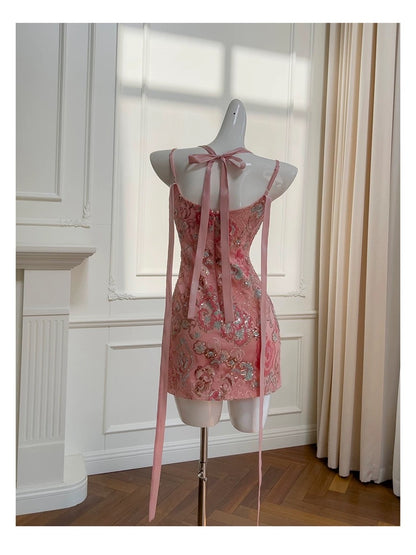 Pretty Sheath Spaghetti Straps Pink Sequin Summer 16th Birthday Dresses For Teens Hoco Dress Mini 18th Birthday Outfit Cocktail Dresses For Women W907