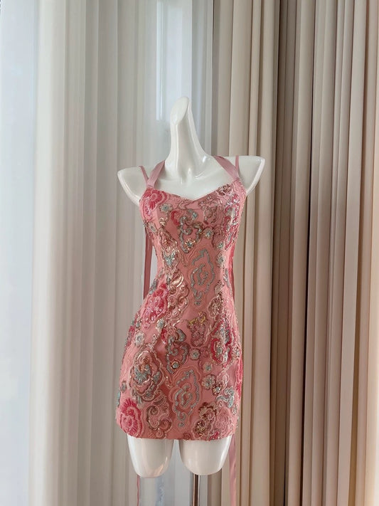 Pretty Sheath Spaghetti Straps Pink Sequin Summer 16th Birthday Dresses For Teens Hoco Dress Mini 18th Birthday Outfit Cocktail Dresses For Women W907