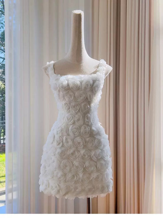 Pretty Sheath Square Neck White Floral Summer 16th Birthday Dresses For Teens Hoco Dress Mini 18th Birthday Outfit Cocktail Dresses For Women W913