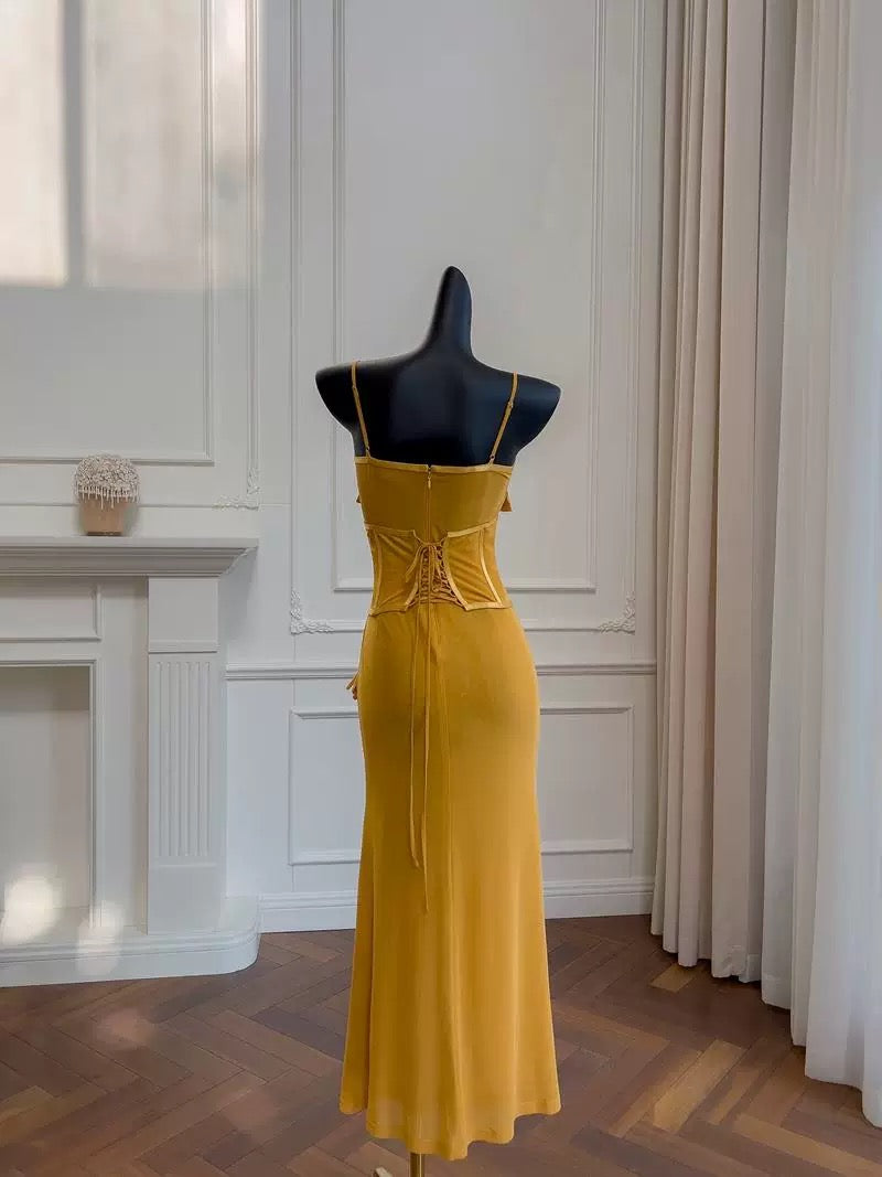 Elegant Mermaid Spaghetti Straps Yellow Sleeveless Long Evening Party Gowns Evening Formal Dresses Prom Dress W923