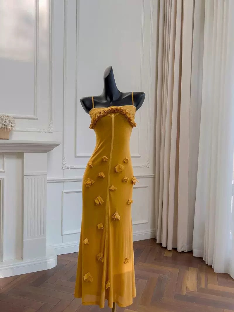 Elegant Mermaid Spaghetti Straps Yellow Sleeveless Long Evening Party Gowns Evening Formal Dresses Prom Dress W923