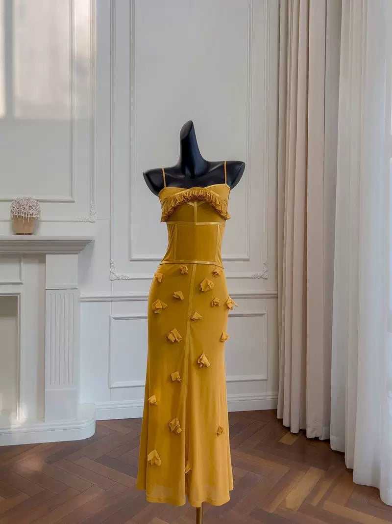 Elegant Mermaid Spaghetti Straps Yellow Sleeveless Long Evening Party Gowns Evening Formal Dresses Prom Dress W923