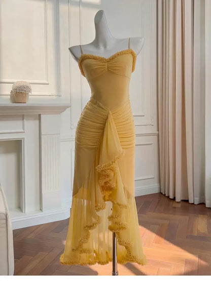 Elegant High Low Spaghetti Straps Yellow Sleeveless Long Evening Party Gowns Evening Formal Dresses Prom Dress W924