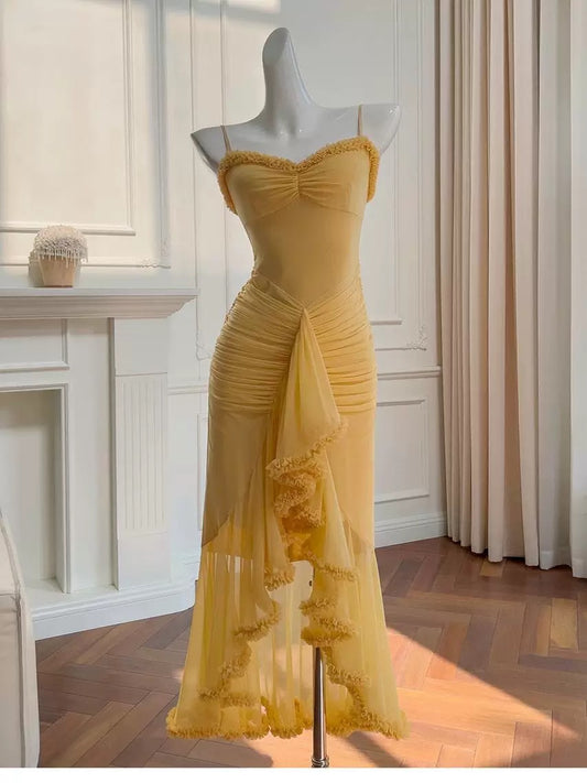 Elegant High Low Spaghetti Straps Yellow Sleeveless Long Evening Party Gowns Evening Formal Dresses Prom Dress W924