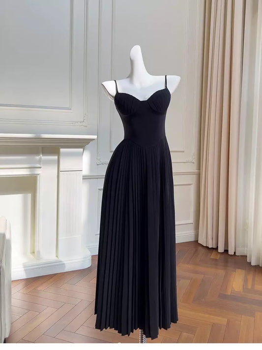 Elegant A line Spaghetti Straps Black Chiffon Sleeveless Long Evening Party Gowns Evening Formal Dresses Prom Dress W926